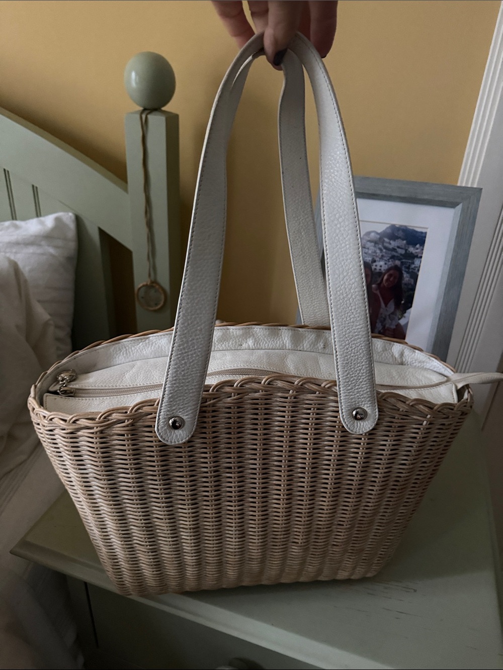 Woven Straw Tote with White Leather Trim and Handles